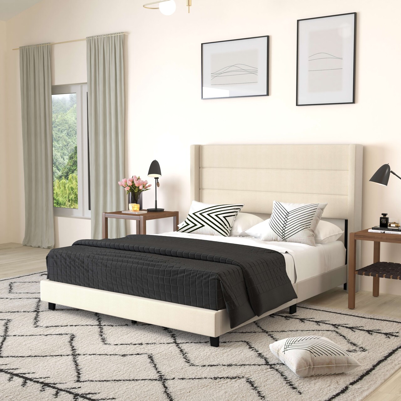 Merrick Lane Percy Modern Platform Bed with Padded Channel Stitched Upholstered Wingback Headboard and Underbed Clearance